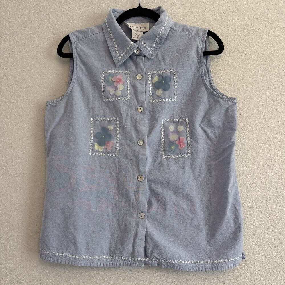 Annex Womens Medium Top Blue Chambray Grandma Cottage 90s Sleeveless Flowers